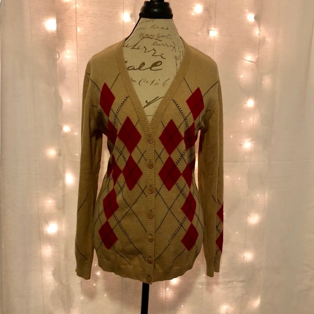1[Escada] Tan & red hematite beaded cardigan